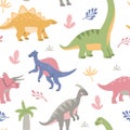 Cartoon cute dinosaurs among tropical plant. Seamless pattern for child